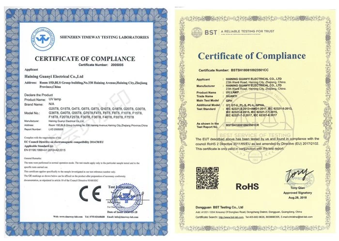 certification of GPH843T5L HO 254nm UVC tube